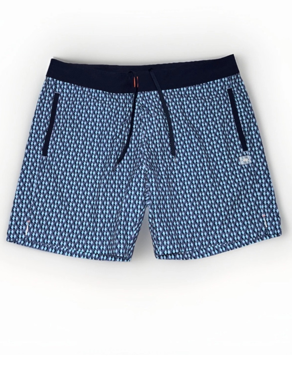Rhone Point Break Board Shorts in a blue and navy geometric pattern
